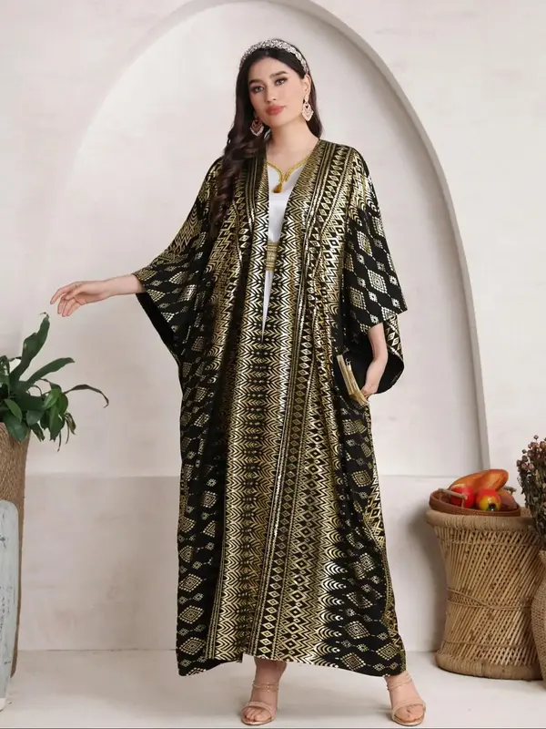 Women's Ethnic Pattern Abaya, Modest Long Sleeve Open Front Abaya for Daily Wear, Women's Islamic Clothing for All Seasons