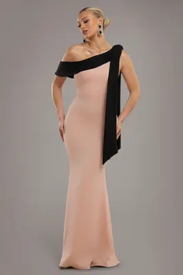 Goddiva One Shoulder Contrast Bow Maxi Dress - Nude Black