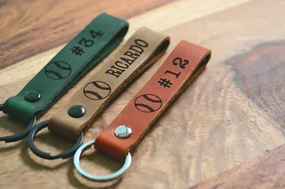 SLIM Baseball Personalized Keychain / Keyring / bag Tag / Name Tag - Leather Keychain