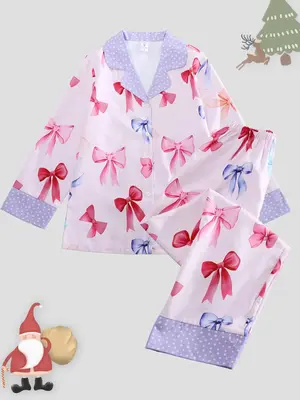 Women's All Over Cartoon Print Loungewear Set, Fashion Lapel Collar Button Front Blouse & Elastic Waist PJ Pants, Women's Sle...