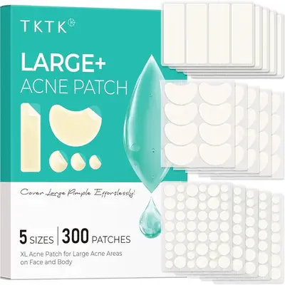 TKTK Large Pimple Patches for Face(Strip, Contoured, Dot 5 Sizes 300 Count) , Acne Patches 60 x 20 mm, XL Hydrocolloid Banda...