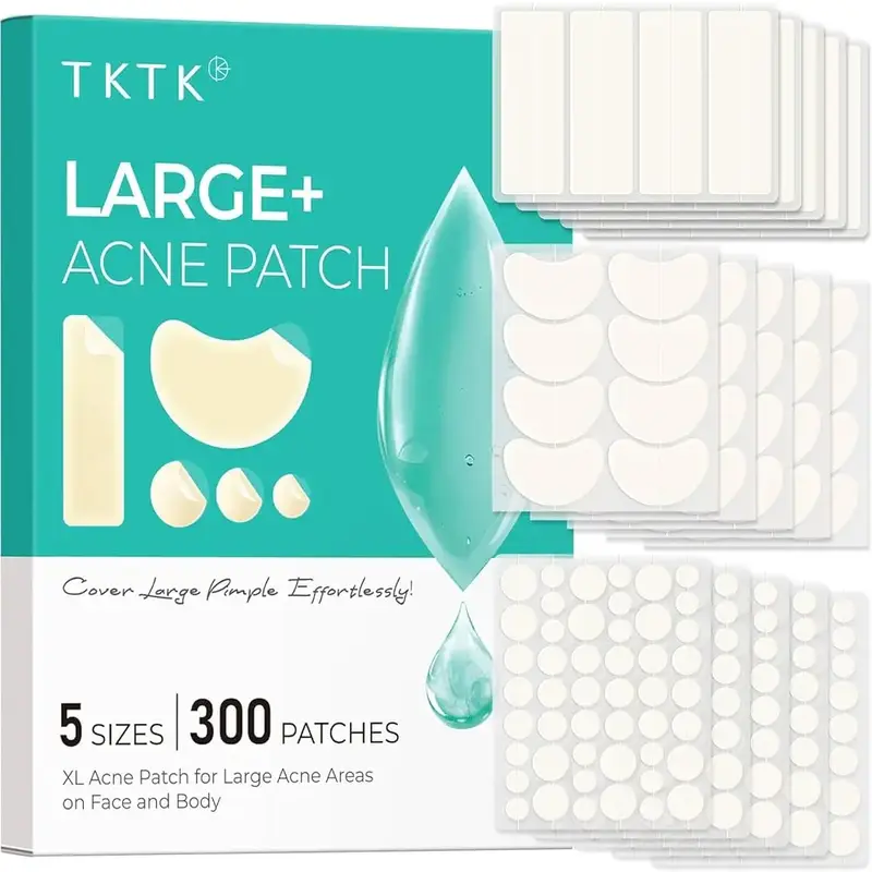 TKTK  Large Pimple Patches for Face(Strip, Contoured, Dot 5 Sizes 300 Count) , Acne Patches 60 x 20 mm, XL Hydrocolloid Banda...