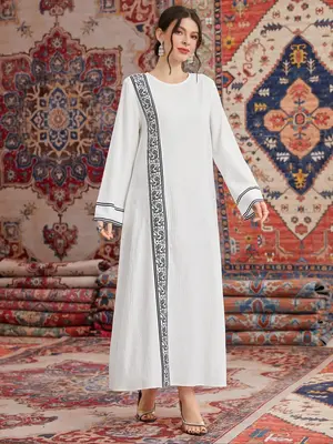 Arabic Clothing-Patchwork Print Long Sleeve Dress, Modest Round Neck Long Dress for Daily Vacation Party, Women's Islamic Clo...