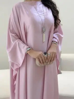 Arabic Clothing-Women's Solid Boat Neck Batwing Sleeve Kaftan, Modest Elegant Long Sleeve Long Dress, Women's Islamic Clothi...