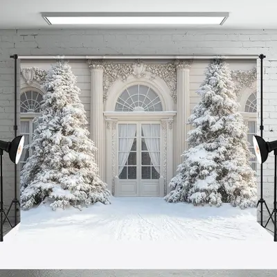 Aperturee Luxury White Door Pine Trees Winter Photo Backdrop - Aperturee