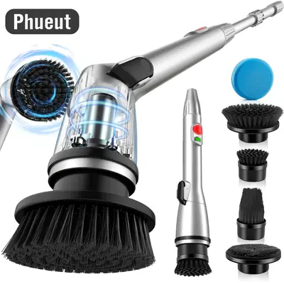 Phueut Automatic Portable Powerful Spin Scrubber, Rechargeable with 5 Brush Heads, Adjustable Long Handle for Bathroom, Tub, ...