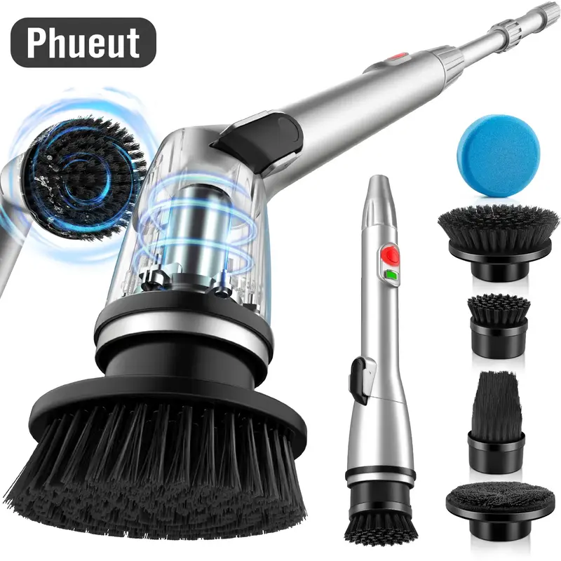 Phueut Automatic Portable Powerful Spin Scrubber, Rechargeable with 5 Brush Heads, Adjustable Long Handle for Bathroom, Tub, ...