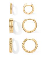 PAVOI 18K Gold Plated Sterling Silver Posts 3 Pairs Small Hoop Earrings Set | Plain Rope Wide Huggie Hoop Pack Earscape for W...