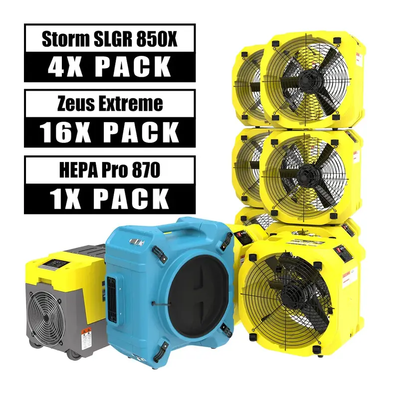 Alorair Water Damage Restoration Combo Pack, 4 X Storm SLGR 850X Commercial Dehumidifier, 16 X Zeus Extreme Air Mover, 1 X HE...