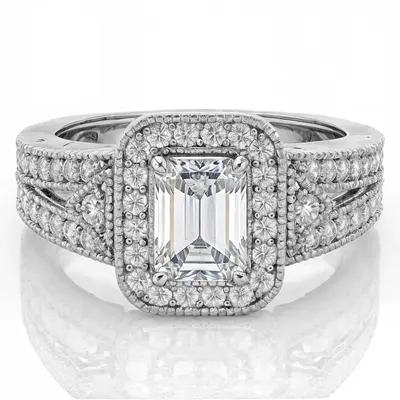 10K White Gold Emerald Cut Vintage Moissanite Engagement Ring