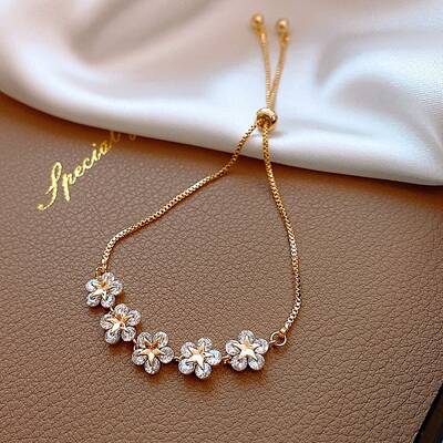 Minimalist Floral & Star Charm Adjustable Gold Bracelet with Crystals for Women