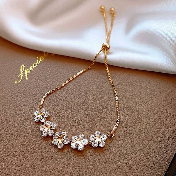 Minimalist Floral & Star Charm Adjustable Gold Bracelet with Crystals for Women