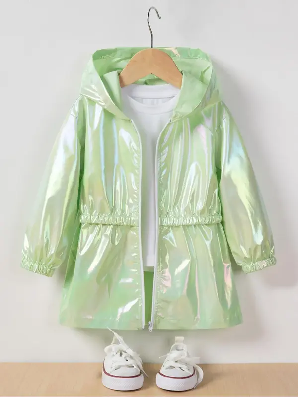 Toddler Girl's Glitter Zip Up Hooded Trench Coat, Fashionable Long Sleeve Coat for Spring & Fall, Toddler Girls Outerwear for...