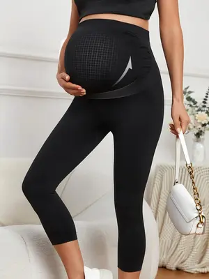 Solid High Waist Maternity Leggings, Tummy Control Butt Lift Leggings, High Stretch Seamless Legging, Women's Maternity Clot...
