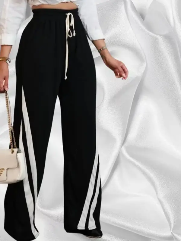 Women's Side Stripe Drawstring Waist Wide Leg Pants, Casual High Waist Trousers for Daily Outdoor Wear, Ladies Bottoms for Al...
