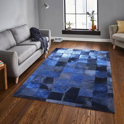Navy Blue Cowhide Patchwork Rug