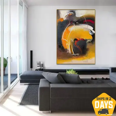 Colorful Painting On Canvas Original Yellow Artwork Abstract Textured Wall Art Decor for Room | SAND SHAFT 27.5"x20"...