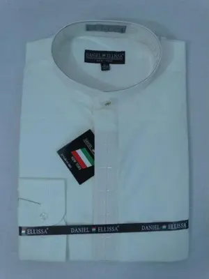 Men's Mandarin Banded Collar Pastor Preacher Long Sleeve Ivory/Ivory Preacher Round Style Collarless Shirt