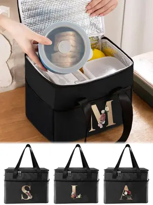 Letter A-z & Floral Pattern Lunch Bag, Durable Waterproof Insulated Lunch Bag, Portable Lunch Box Bag for Travel & Commuting ...