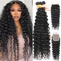 Brazilian Deep Wave Bundles with Closure Human Hair Bundles with 4x4 Lace Closure Unprocessed Virgin Human Hair 3/4 Bundles w...
