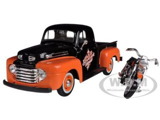 1948 Ford F-1 Pickup Truck with 1958 Harley Davidson FLH Duo Glide Motorcycle Orange and Black 1/24 Diecast Models by Maisto
