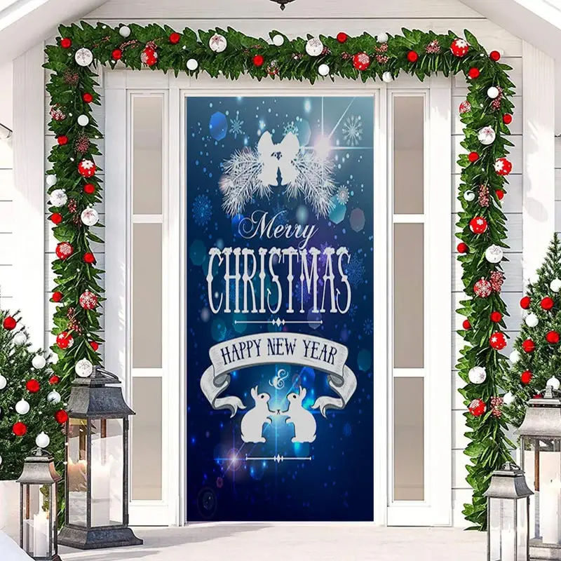 Sparkle Blue Happy New Year Christmas Door Cover - Aperturee