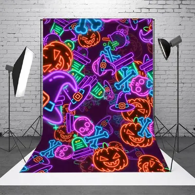 Colorful Neon Hat Pumpkins Ghosts Halloween Backdrop