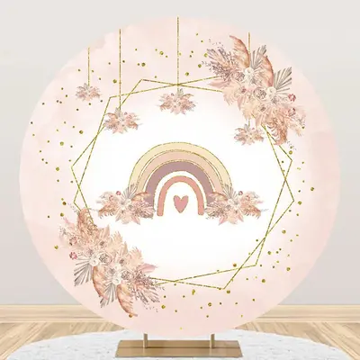 Pink Floral Rainbow Boho Round Birthday Backdrop - Aperturee