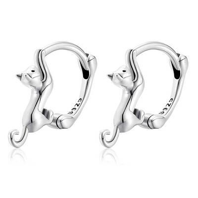 Anti-Tarnish Rhodium Plated 925 Sterling Silver Cute Cat Hoop Earrings for Women