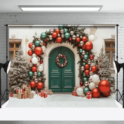 Festive Christmas Vibe House Green Door Backdrop - Aperturee