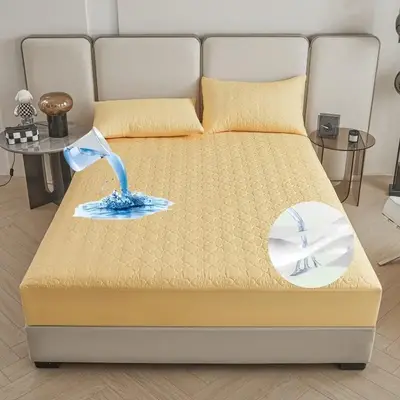 Solid Color Waterproof Mattress Pad, 3 Counts/set Including 1 Count Fitted Sheet & 2 Counts Pillowcase, Mattresses Topper, Ma...