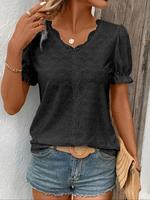 Women's Plain Eyelet Embroidery Scallop Trim Puff Sleeve Tee, Casual Frill Trim V Neck Short Sleeve Contrast Lace T-shirt for...