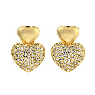 Heart Brass Pave Clear Cubic Zirconia Stud Earrings for Women