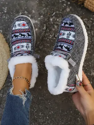 Women's Ethnic Pattern Lace Up Low Top Sneakers, Casual Comfortable Warm Thermal Lined Sports Shoes for Winter, Female All-ma...