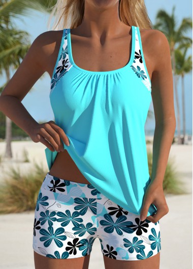 Modlily Mid Waisted Floral Print Cyan Tankini Set - XXL