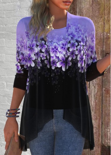 Modlily Purple Two Piece Floral Print Cardigan and Tank Top - S