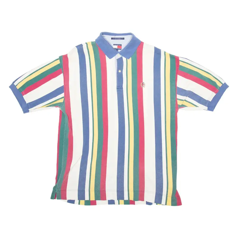 TOMMY HILFIGER Mens Polo Shirt Blue Striped Short Sleeve L