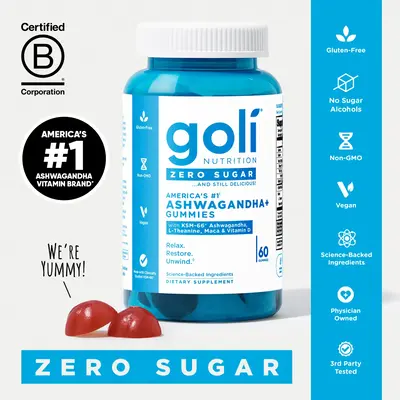 Goli Zero Sugar Ashwagandha & L-Theanine, Vitamin D & Maca Gummies - KSM-66, Keto-Friendly, No Artificial Sweeteners, No Suga...