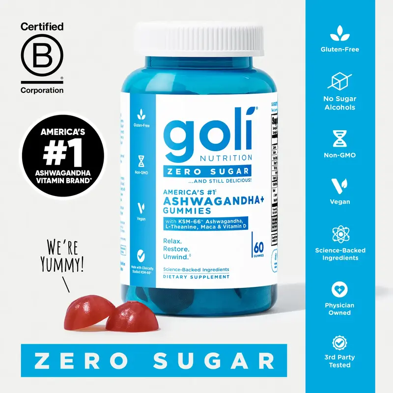 Goli Zero Sugar Ashwagandha & L-Theanine, Vitamin D & Maca Gummies - KSM-66, Keto-Friendly, No Artificial Sweeteners, No Suga...