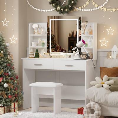 VOWNER Modern Makeup Vanity Desk with Lighted Mirror and Power Outlet, 6 Storage Shelves, 2 Large Drawers and Cushioned