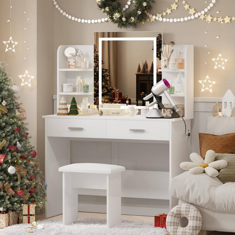 VOWNER Modern Makeup Vanity Desk with Lighted Mirror and Power Outlet, 6 Storage Shelves, 2 Large Drawers and Cushioned