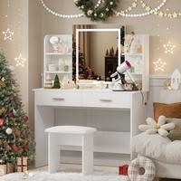 VOWNER Modern Makeup Vanity Desk with Lighted Mirror and Power Outlet, 6 Storage Shelves, 2 Large Drawers and Cushioned Stool