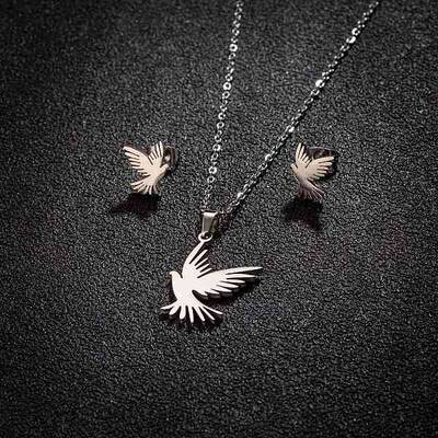 Stainless Steel Bird Stud Earrings & Pendant Necklaces Sets for Women