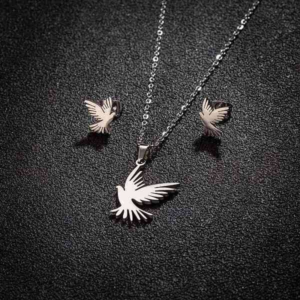 Stainless Steel Bird Stud Earrings & Pendant Necklaces Sets for Women