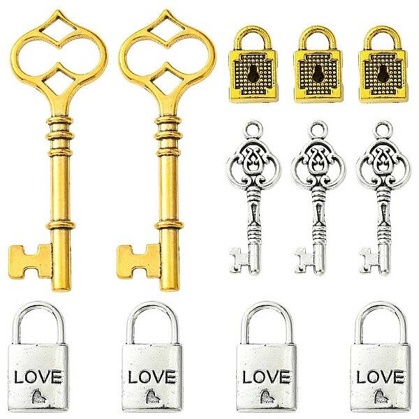 8Pcs 4 Styles Tibetan Style Alloy Skeleton Key Lock Pendants
