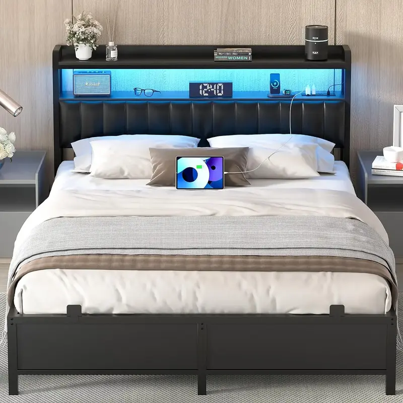 Bed Frame with Adjustable Upholstered Leather Headboard ＆ Charging Station ＆ LED Lights,Steel Slat Support,Modern Bedroom...