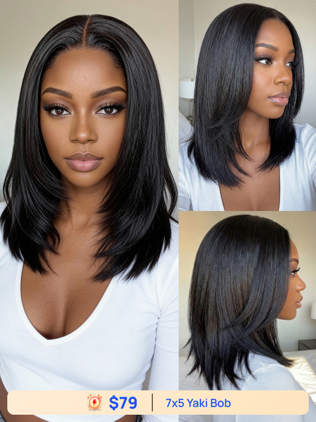 Nadula Flash Sale Bye Bye Knots Yaki Straight Bob With Layered Cut 180% density Pre Styled Put On and Go Wig With Drawstring