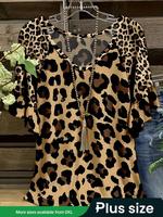 【Plus Size】 Leopard Print Tee, Casual Short Sleeve V Neck T-shirt for Summer, Women's Plus Clothing for Daily Wear, T Sh...