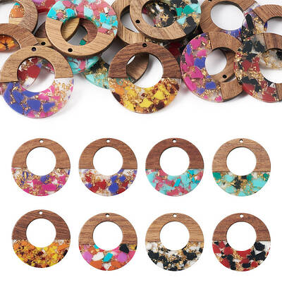 16Pcs 8 Colors Transparent Resin & Walnut Wood Pendants