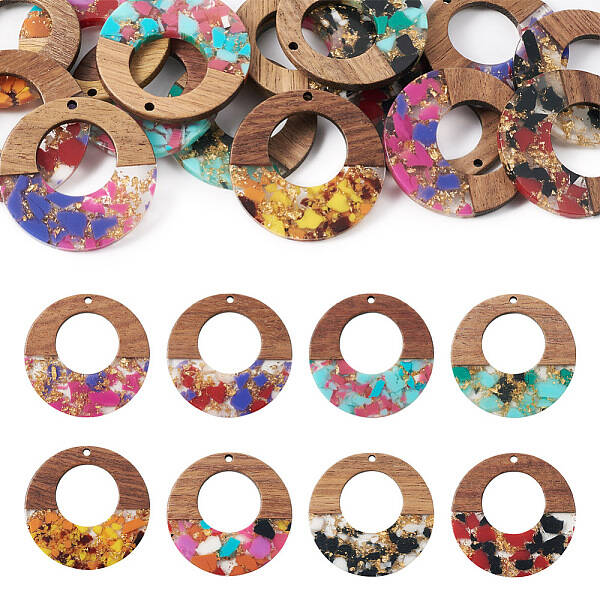 16Pcs 8 Colors Transparent Resin & Walnut Wood Pendants